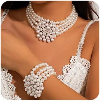 Boho Sparkling Silver Women 1920s Pearls Rhinestones Necklace Bracelet Set Bride Wedding Silver Large Necklace Bracelet Sets for Brides Bridesmaid Pearls Prom Party Necklace Accessories for Women