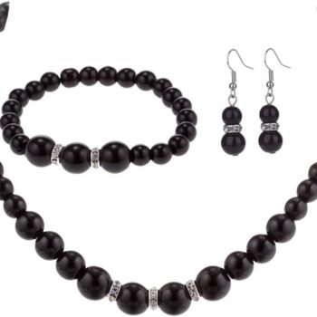 Faux Pearl Necklace Earring and Bracelet Black Costume Jewelry Set for Women