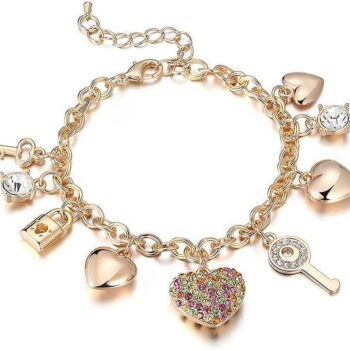 Gold Chain Link Bracelet - 7"+ 2" Extender 14K Gold Plated Love Locked Bracelets for Women, with Crystal, Love Heart,Key, Lock, Charm Bracelet
