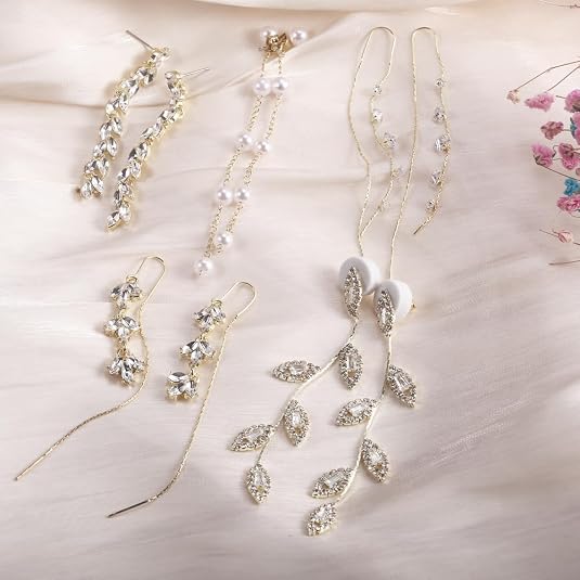 Women's 9-Pair Long Tassel Chain & Olive Leaf Wedding Earrings
