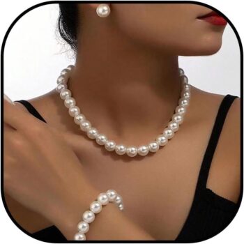 Pearl Necklace and Earring Set Pearl Wedding Jewelry Set for Women Chunky Pearls Choker Necklaces Stud Earrings Bride Bridesmaid Wedding Jewelry Gifts