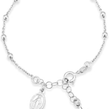 925 Sterling Silver Rosary Cross Bead Charm Link Chain Bracelet for Women, Adjustable