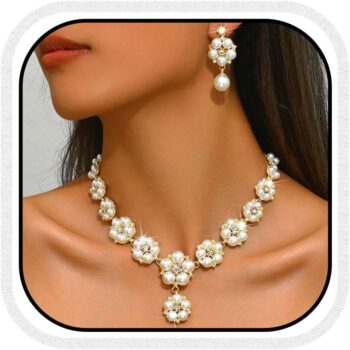 Gold Pearl Bridal Wedding Jewelry Set Rhinestone Necklace Earrings Sets Flower Formal Prom Costume Jewelry Sets for Women and Brides