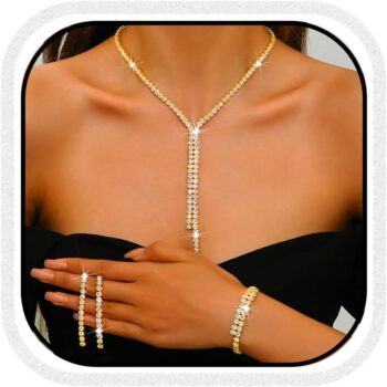 Silver Bridal Wedding Jewelry Sets Rhinestone Necklace Earrings Bracelet Set Prom Formal Costume Jewelry Sets for Women and Brides