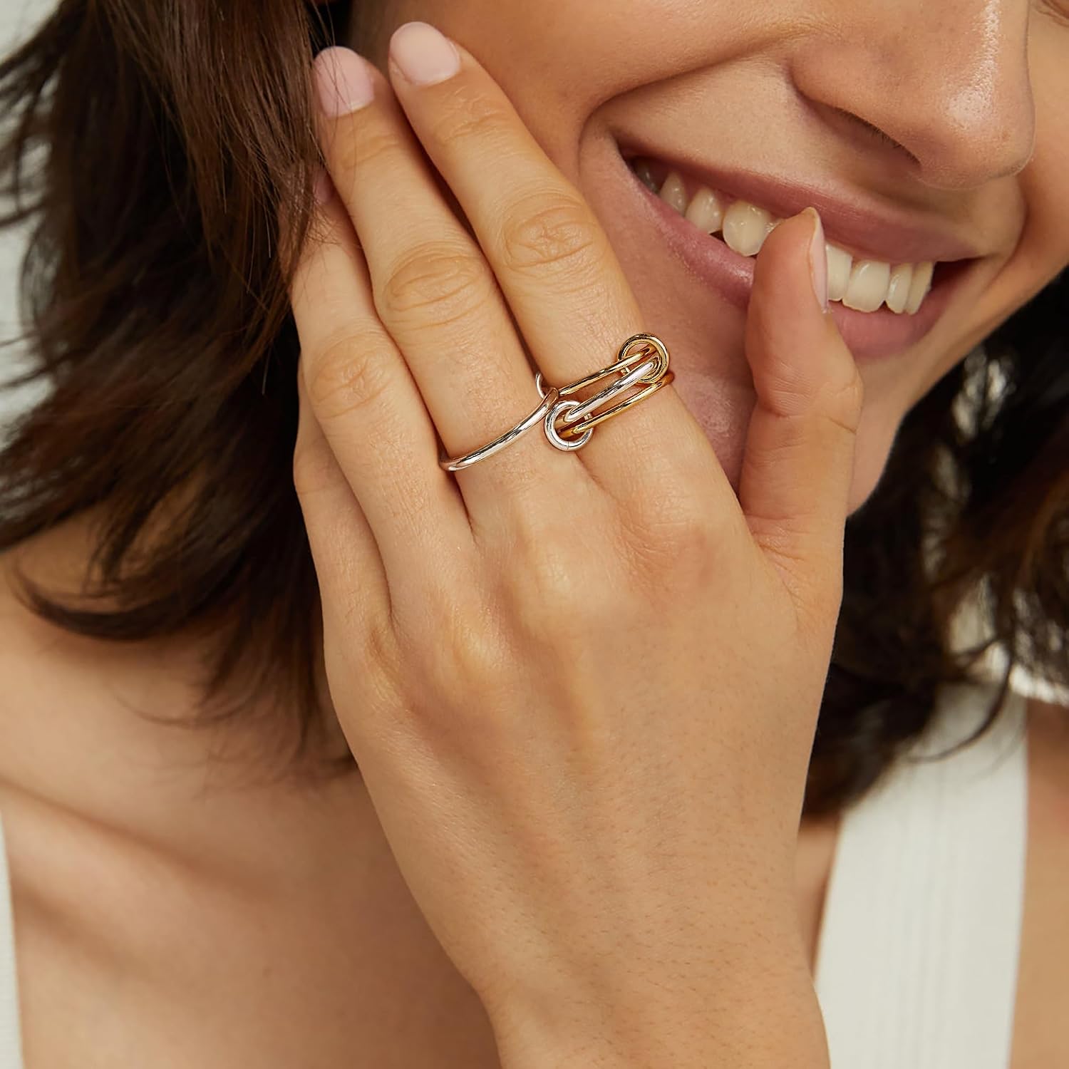 14K Gold Plated 4 Interlocking Stackable Rings Set Gold & Silver Mixed Metals Multi-Link Connected Statement Bands for Women Hypoallergenic High Polished Plain Non Tarnish