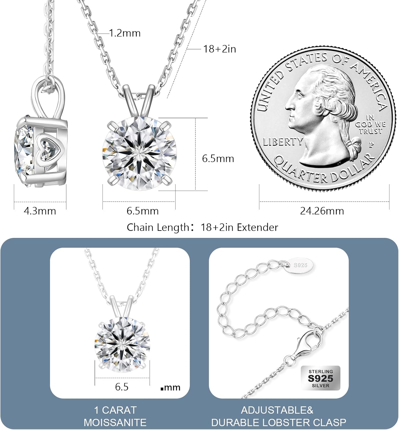 Moissanite Necklace for Women, Sterling Silver Lab Solitaire Pendant for Her, 4-Prong, Gift for Anniversary, Birthday, Wedding - to Wife, Mom, 0.5/1/2/3/4CT White Gold Jewelry