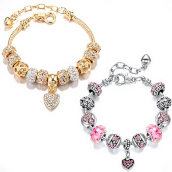 2 Pack Charm Bracelets Pink and Gold Heart Silver Plated Charm Bracelet, DIY  for Women Gifts, with Crystal, Charms, Love and Adjustable Snake Chain, Fits 7.5"+1.5"