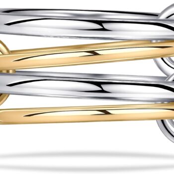 14K Gold Plated 4 Interlocking Stackable Rings Set Gold & Silver Mixed Metals Multi-Link Connected Statement Bands for Women Hypoallergenic High Polished Plain Non Tarnish