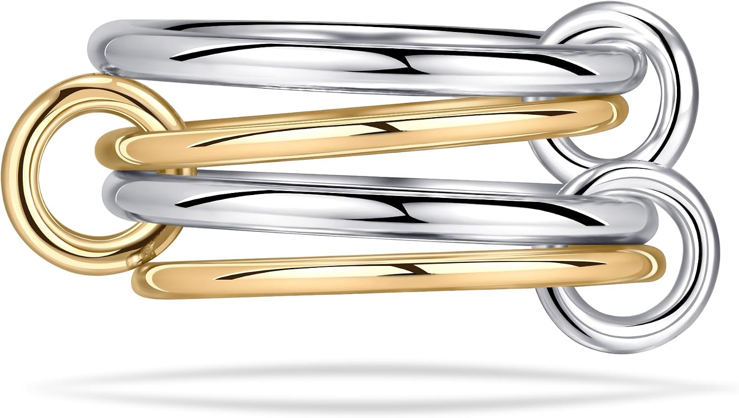 14K Gold Plated 4 Interlocking Stackable Rings Set Gold & Silver Mixed Metals Multi-Link Connected Statement Bands for Women Hypoallergenic High Polished Plain Non Tarnish