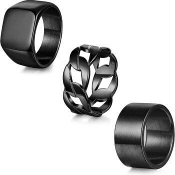 3Pcs Stainless Steel Signet Rings Chunky Wide Band Ring for Men Women Cuban Link Chain Rings Fashion Matte Finish Plain Ring Comfort Fit Size 7-13