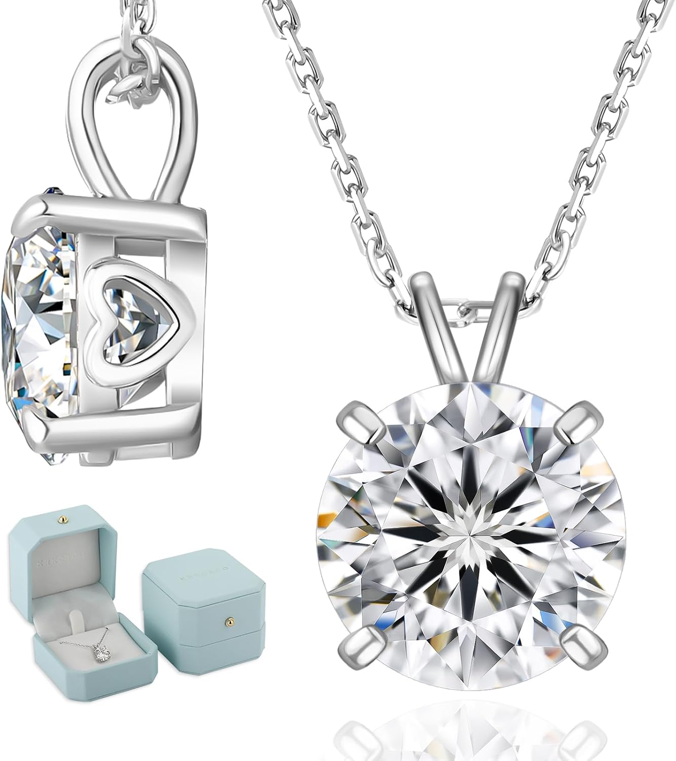 Moissanite Necklace for Women, Sterling Silver Lab Solitaire Pendant for Her, 4-Prong, Gift for Anniversary, Birthday, Wedding - to Wife, Mom, 0.5/1/2/3/4CT White Gold Jewelry