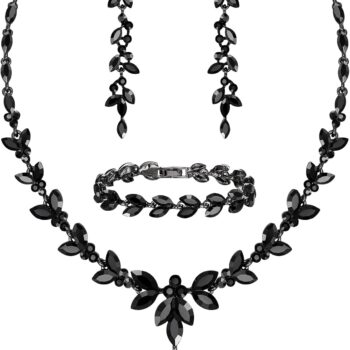 Austrian Crystal Bridal Bridesmaid Jewelry Sets, Elegant Marquise Rhinestone Leaf Necklace Dangle Earrings Tennis Bracelet Set for Women