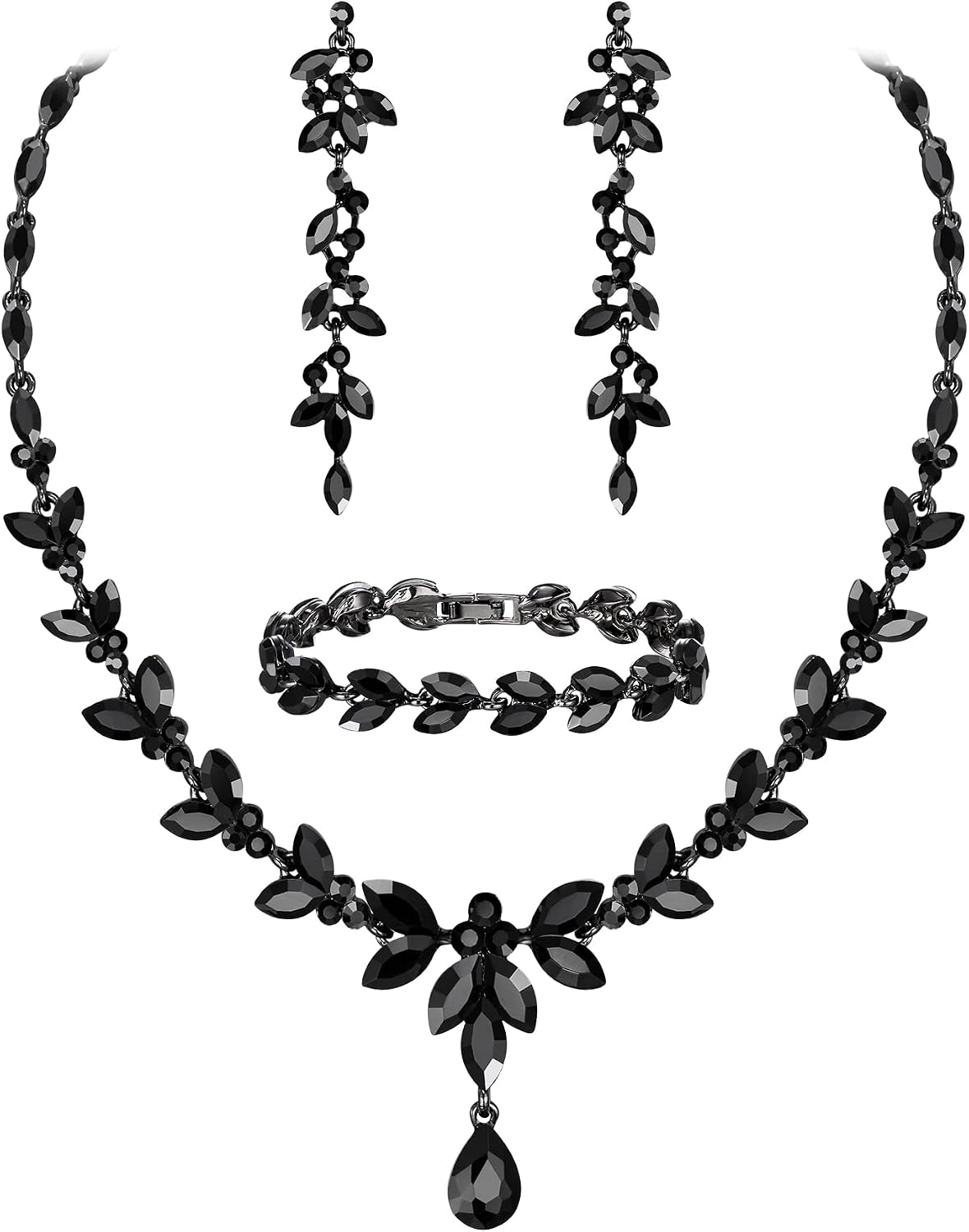 Austrian Crystal Bridal Bridesmaid Jewelry Sets, Elegant Marquise Rhinestone Leaf Necklace Dangle Earrings Tennis Bracelet Set for Women