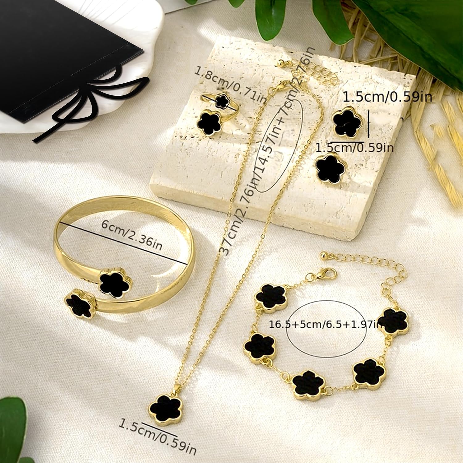 Lucky Flower Alloy Jewelry, Lucky Flower Design Necklace Earrings Bracelet Bangle Ring Jewelry Set, Clover Gold Plated Chain Wrap Ornament & Plush Pouch for Women